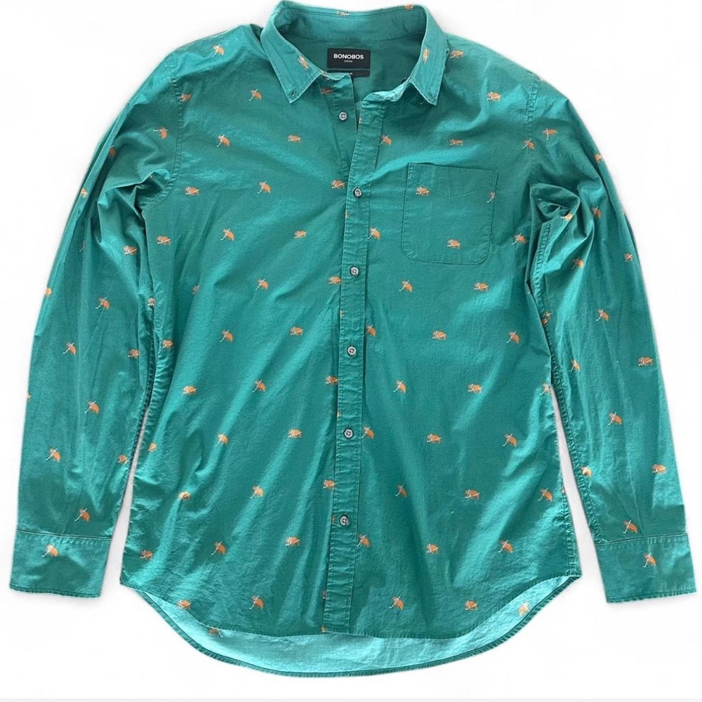 Bonobos Slim Fit Button-Down – XL‎ – Green with Bears Hockey Print – Long Sleeve
